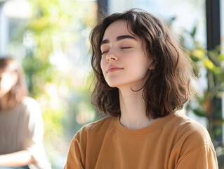 Serene young woman meditating peaceful mind calm expression