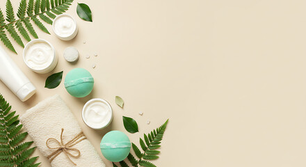 Pampering Spa Essentials & Natural Skincare with Fern Leaves and Bath Bombs