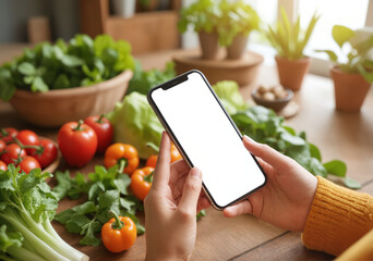 Woman Using Smartphone for Online Grocery Shopping - Fresh Vegetables and Mobile App Interface for Digital Supermarket Experience and Food Delivery Services