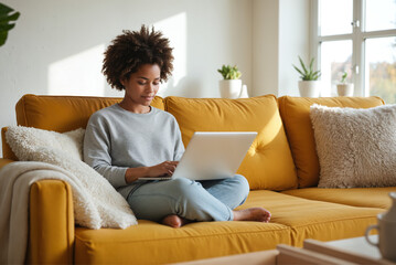 Happy Woman Using Laptop on Yellow Couch – Smiling Female Shopping Online in Cozy Home Setting for E-Commerce, Digital Lifestyle, and Online Shopping From Home