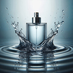 Glass perfume bottle splashing in water with ripples around  