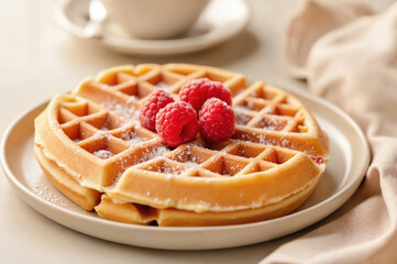 Golden Belgian Waffle with Fresh Raspberries – Homemade Sweet Breakfast Topped with Powdered Sugar for International Cake Day Celebration and Brunch Photography