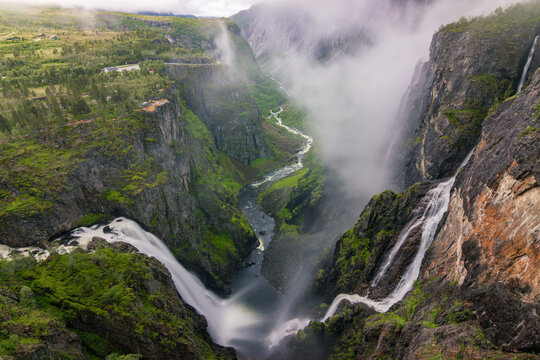 Majestic waterfall of Vøringfossen in a foggy day (Norway)
