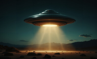 Flying Saucer Hovering Over Dark Mountains – Metallic UFO With Bright Light Beam at Night for Conspiracy Theory Discussions, World UFO Day Events, and Extraterrestrial Content
