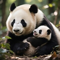 Obraz premium A heartwarming image of a giant panda embracing her cub in a lush green forest, showing the bond between a mother and her child and their natural habitat