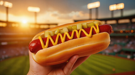 Classic Hot Dog with Yellow Mustard – Held in Hand at Stadium with Sunset Glow for Hot Dog Day Celebrations, Sports Events, and Summer Food Festivals