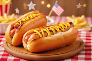 Patriotic Hot Dogs with Mustard – Grilled Sausages on Wooden Plate for Hot Dog Day Celebrations, American Summer BBQs, and July Festivities