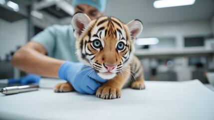 Adorable Tiger Cub Medical Examination – Veterinary Checkup with Blue Gloves on Clinical Table for Wildlife Conservation, Tiger Protection, and International Tiger Day Awareness