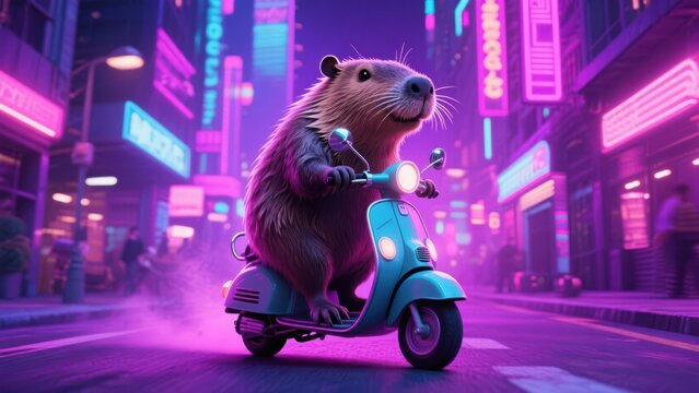 A fluffy beaver rides a retro blue scooter through a vibrant cyberpunk city with glowing neon lights , creating a whimsical and futuristic scene