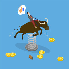 3D Isometric Flat Vector Illustration of Global Economy, Confident Investor Maneuvers Bull Market To Achieve Success Balancing Risk And Uncertainty