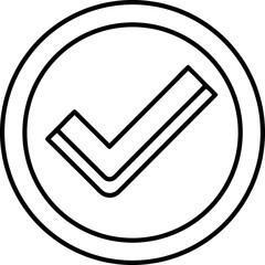 Black outline check mark icon within a circle representing validation and approval
