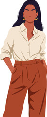 Obraz premium Confident woman in white shirt and brown pants standing with hands in pockets casual fashion vector illustration 