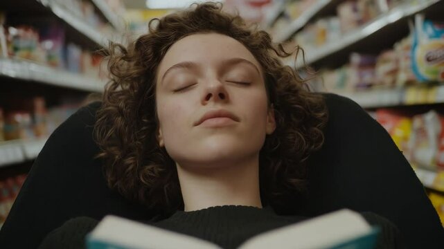 A woman hand holding a book as she lies on a massage table in the middle of a grocery store aisle, surrounded by cereal boxes and discount signs. 