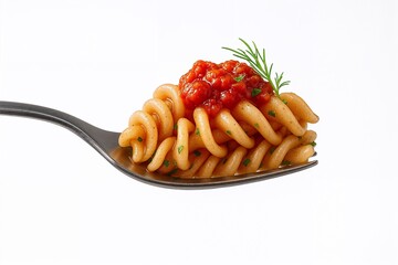 Fusilli and Tomato Sauce decorated with herbs, on a fork, on a white background