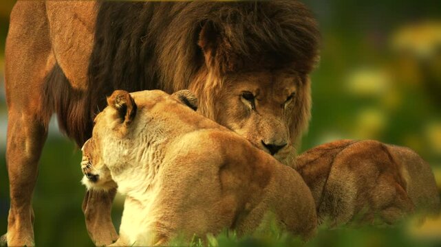 A stunning depiction of lions demonstrating affection in lush meadow, symbolising nature's harmony and majestic beauty amidst tranquil surroundings, emphasising the strength and unity of wildlife