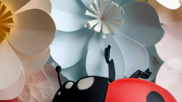 Artistic composition of paper crafted flowers with a striking red ladybug, vibrant spring floral design, studio shot.