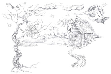 Fairytale forest landscape. Isolated pencil illustration of witch's house on trees background for postcard design, Halloween invitations, book illustrations and posters.