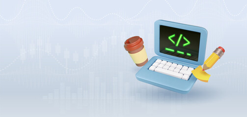 Computer laptop and program code development, coding screen. coffee and pen. IT technologies, website programming, data programming. 3d vector icon.