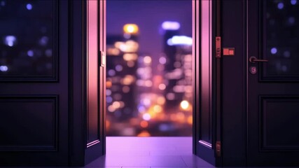 City lights sparkle beyond open home doors at night—contrasting cozy interior with vibrant urban skyline in atmospheric doorway view