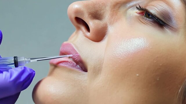 Detailed macro shot of a young female's lips during aesthetic lip augmentation using a cosmetic syringe for volume and shape refinement