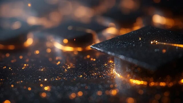 &ldquo;Black graduation cap zoomed in against glowing orange-black backdrop, symbolizing academic success, ambition, and bright future for commencement marketing visuals