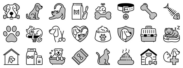 Icons in two tones about dogs and cats