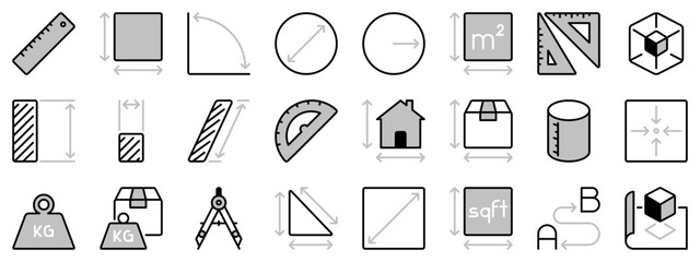 Icons in two tones about length, weight and volume