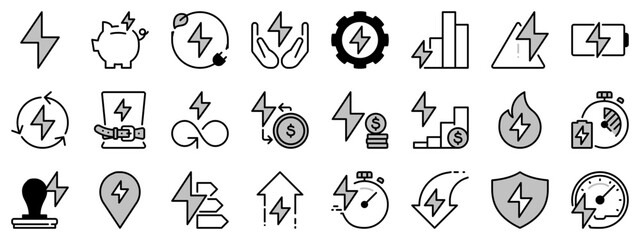 Icons in two tones about energy management. Sustainable development