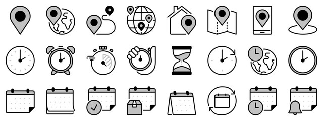 Icons in two tones about location, time and date