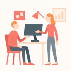 Flat Illustration of Coworkers Discussing Project Development in Workplace Office