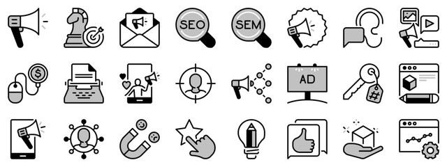 Icons in two tones about marketing. Communication concept.