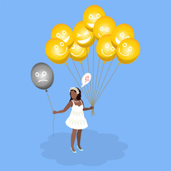 3D Isometric Flat Vector Illustration of Positive Thinking, Woman Relieving Negative Emotions By Releasing Balloon And Embracing Psychological Wellbeing.
