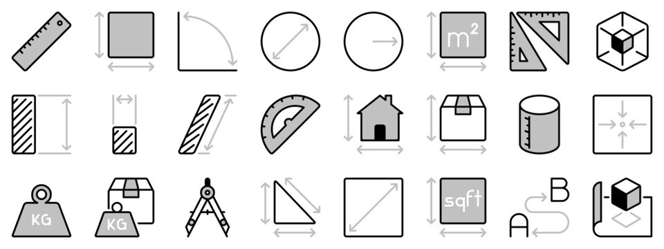 Icons in two tones about length, weight and volume