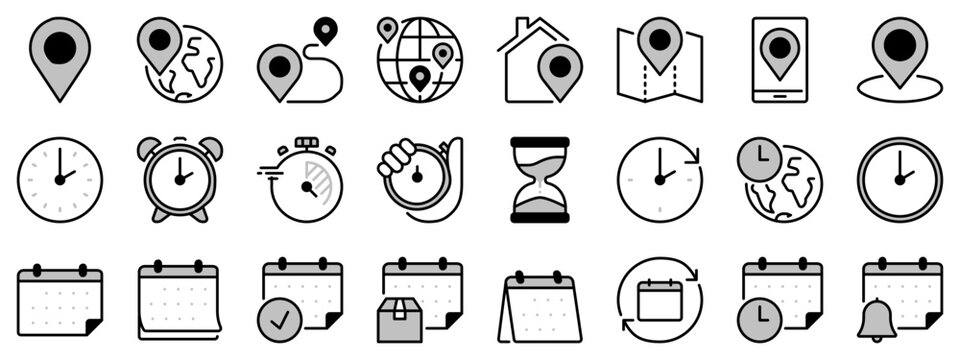 Icons in two tones about location, time and date