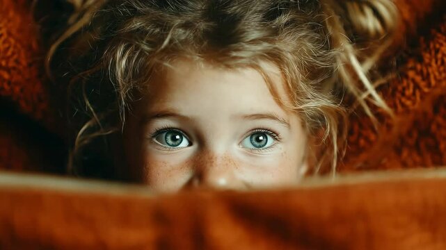 Cute girl reading a book close-up, laughing with bright eyes curly hair and freckled face &mdash; joyful childhood literacy and education portrait