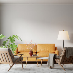 Modern Mid-Century Living Room with Brown Leather Sofa, Armchair and Retro Decoration - 3d rendering