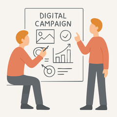 Handdrawn Two Person Discussing Digital Campaign Presentation Whiteboard Illustration