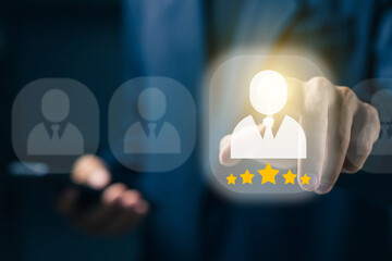 Businessman selecting a five-star rated profile. Concept of customer satisfaction, employee evaluation, quality service, and professional performance in digital business environments.