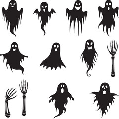 Obraz premium Spooky Ghost and Skeleton Silhouettes for Halloween Design Vector White Background 