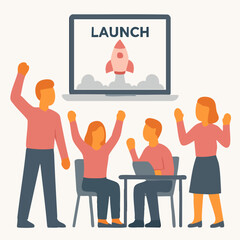 Flat Illustration Successful Team Launching Startup Rocket Business Concept