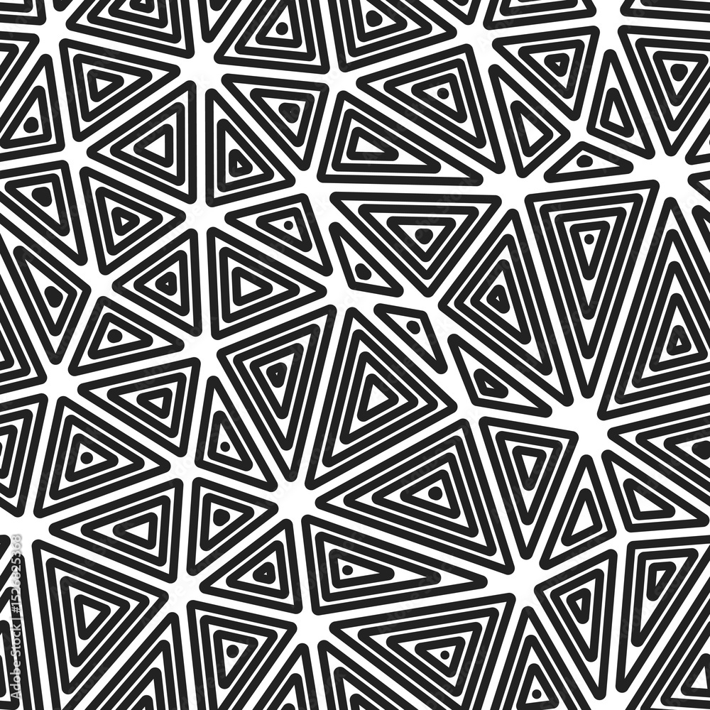 Poster abstract mosaic background. multiple repeated inner triangles. large triangles size. black and white