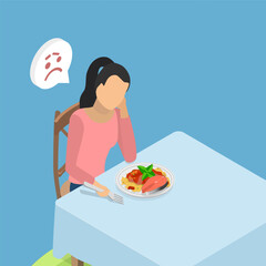 3D Isometric Flat Vector Illustration of Bored Eating, Woman Struggles With Eating Disorder And Lack Of Appetite, Staring At Plate Of Spaghetti