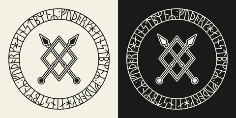 Black and white flat vector illustration of a Younger Futhark rune circle with the Gungnir (Odin’s Spear) symbol in the center. Perfect for Norse, Viking, or mythology-themed designs.
