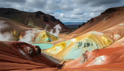 Fototapete Rund Colorful geothermal landscape with steaming blue pool and rugged volcanic terrain © Novriadi