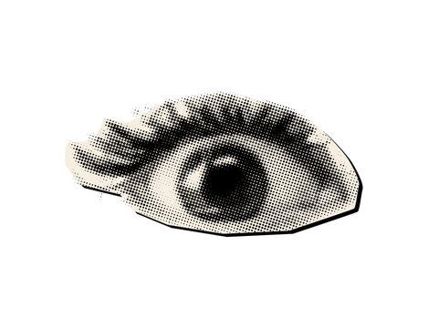Retro halftone collage eye,open female eye in halftone texture, dotted pop art style,trendy collage element cut from magazine