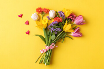 Obraz premium Bouquet of flowers on yellow background. Image of gift or present. Gifts. Celebration. Gratitude. Celebrate.