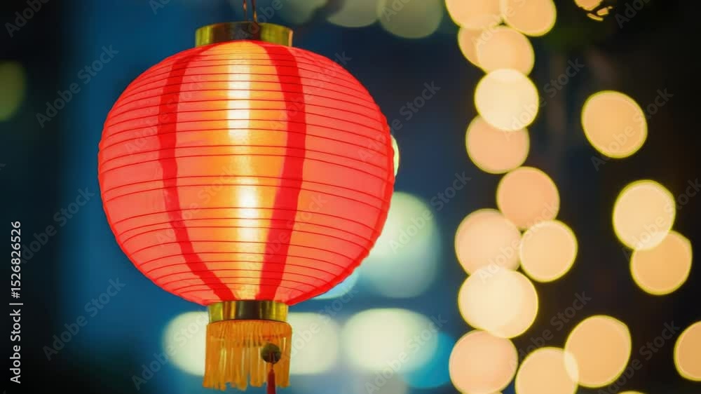 Poster A single red lantern hangs from a string of fairy lights, perfect for use in decorative scenes or as a symbol