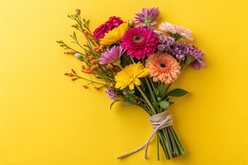 Bouquet of flowers on yellow background.
Image of gift or present. Gifts. Celebration. Gratitude. Celebrate.