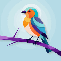 Fototapeta premium Colorful Bird Art Illustration-Geometric Bird on Branch Design-Modern Animal Graphic Art-Bright Bird Illustration-Digital Paper Cut Bird Art-Stylish Bird Design