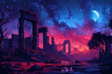 Pixel Art Ruins Under a Starlit Night Sky